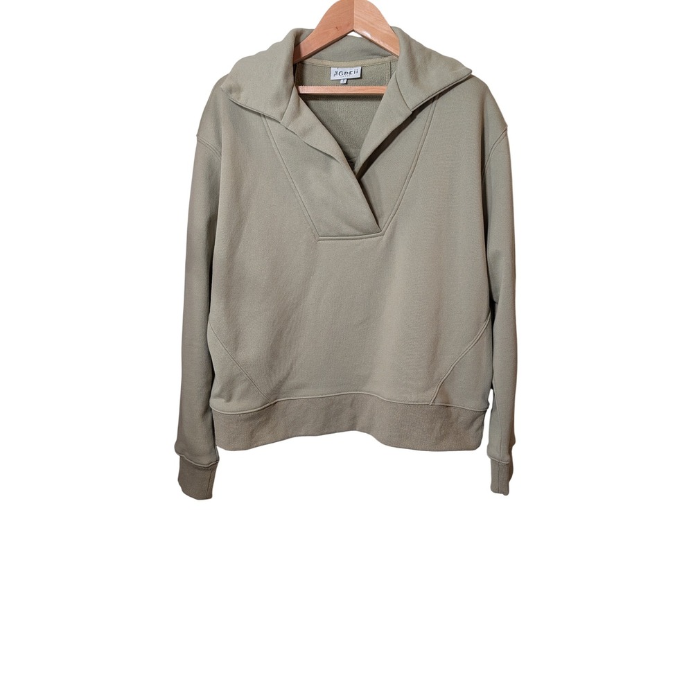 The Greii Women Olive Green V-Neck Split Collar Cotton Sweatshirt Large M1208